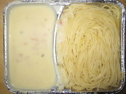 essen_20090702 Spaghetti Carbonara mit Schinkenstreifen und sahniger Soße